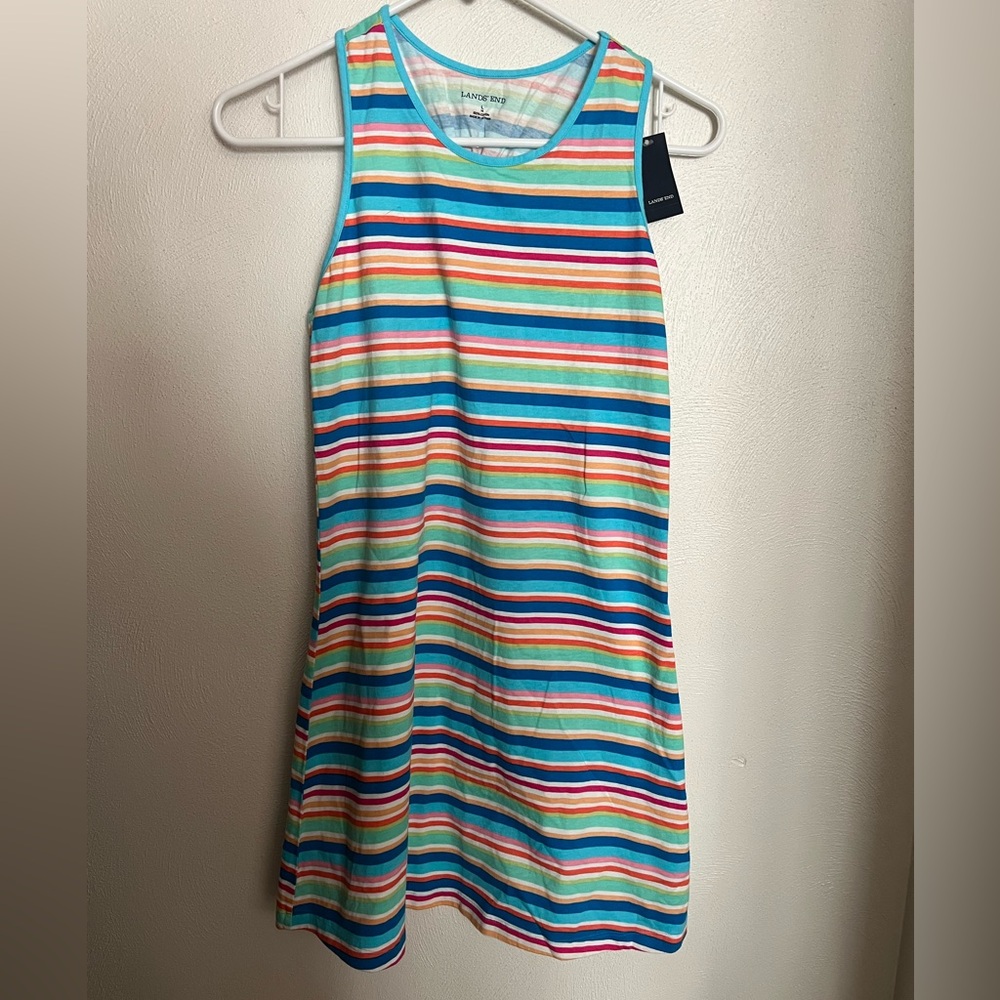 LAND'S END Classic Racerback Striped Summer Casual Dress Blue Pink White Girls L
